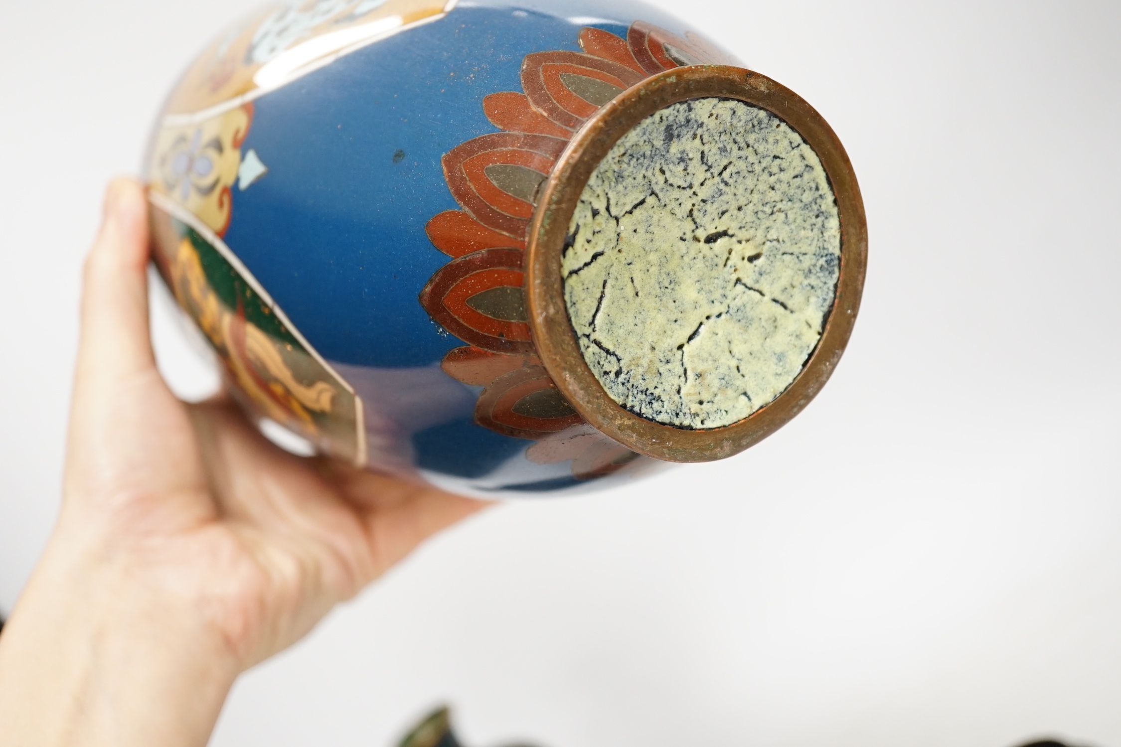 Four Japanese cloisonné enamel vases and a similar bowl and two Canton enamel bowls and similar box and cover, tallest 30cm high